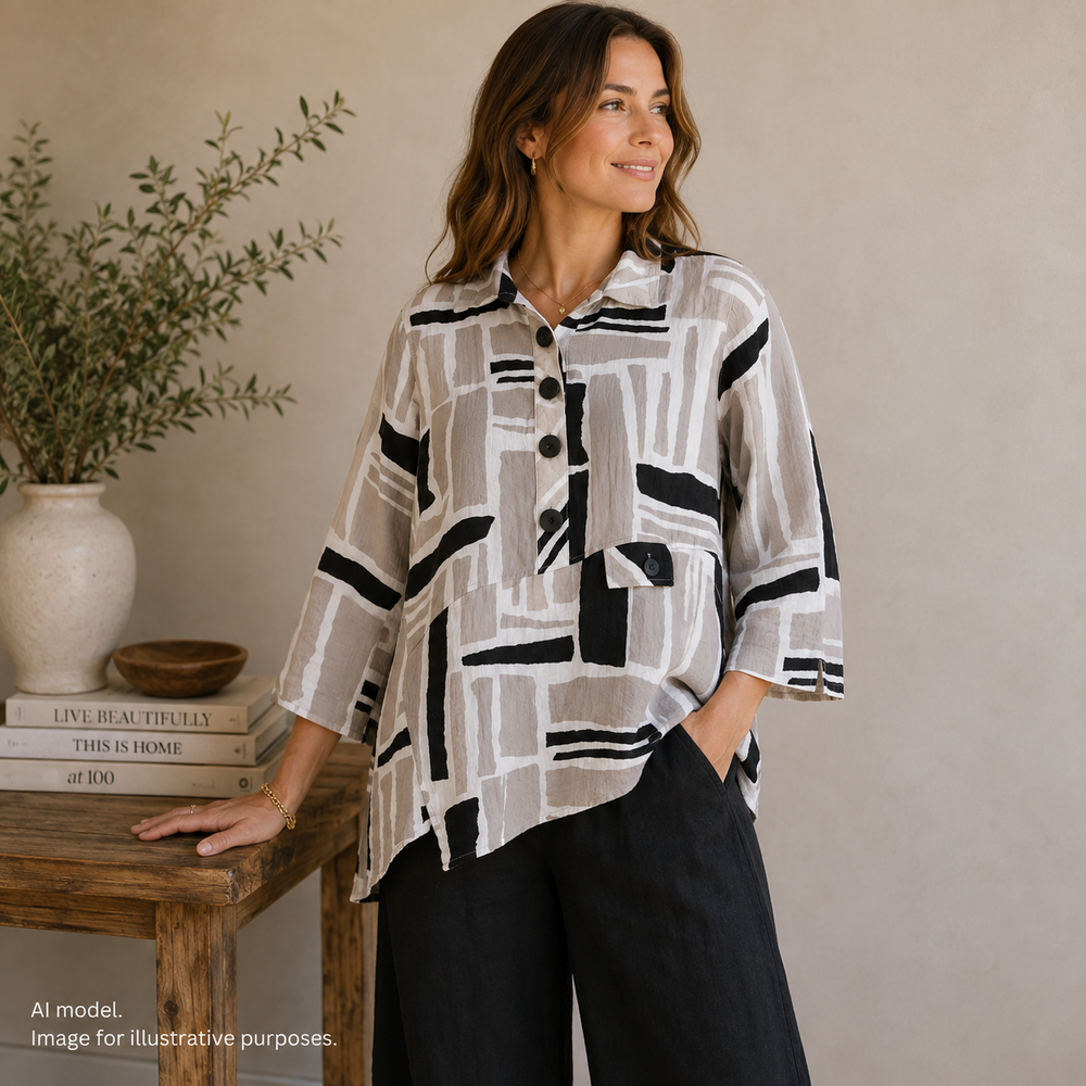 Ali Miles Shirt Women Medium Wire Collar Abstract Geo Art to Wear Half Button
